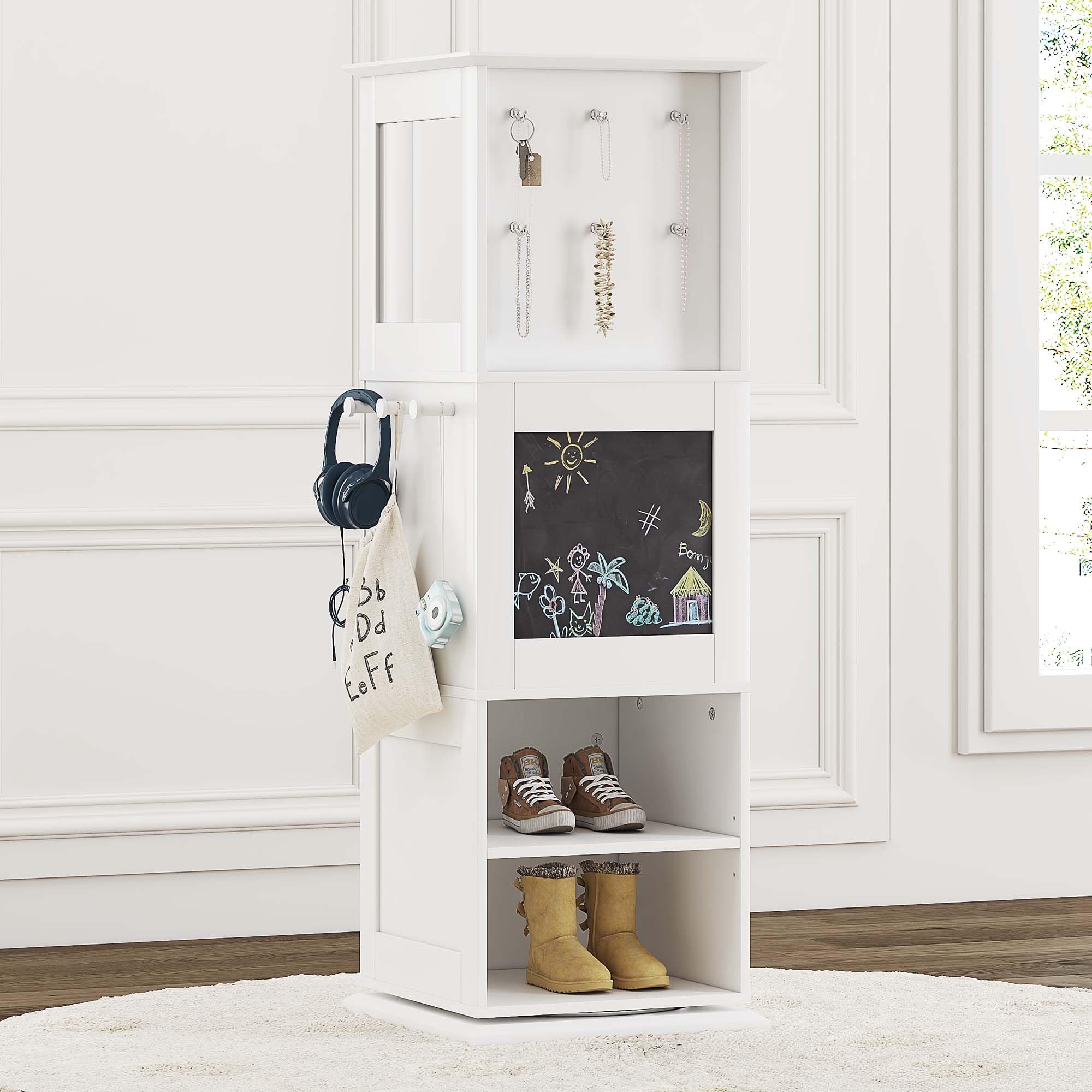 UTEX Kids Rotating Bookshelf Tower, Revolving Bookcase with Blackboards and Hooks, Toy Storage Organizer for Kids Room, Nursery, Bedroom, Living Room, White - Image 8