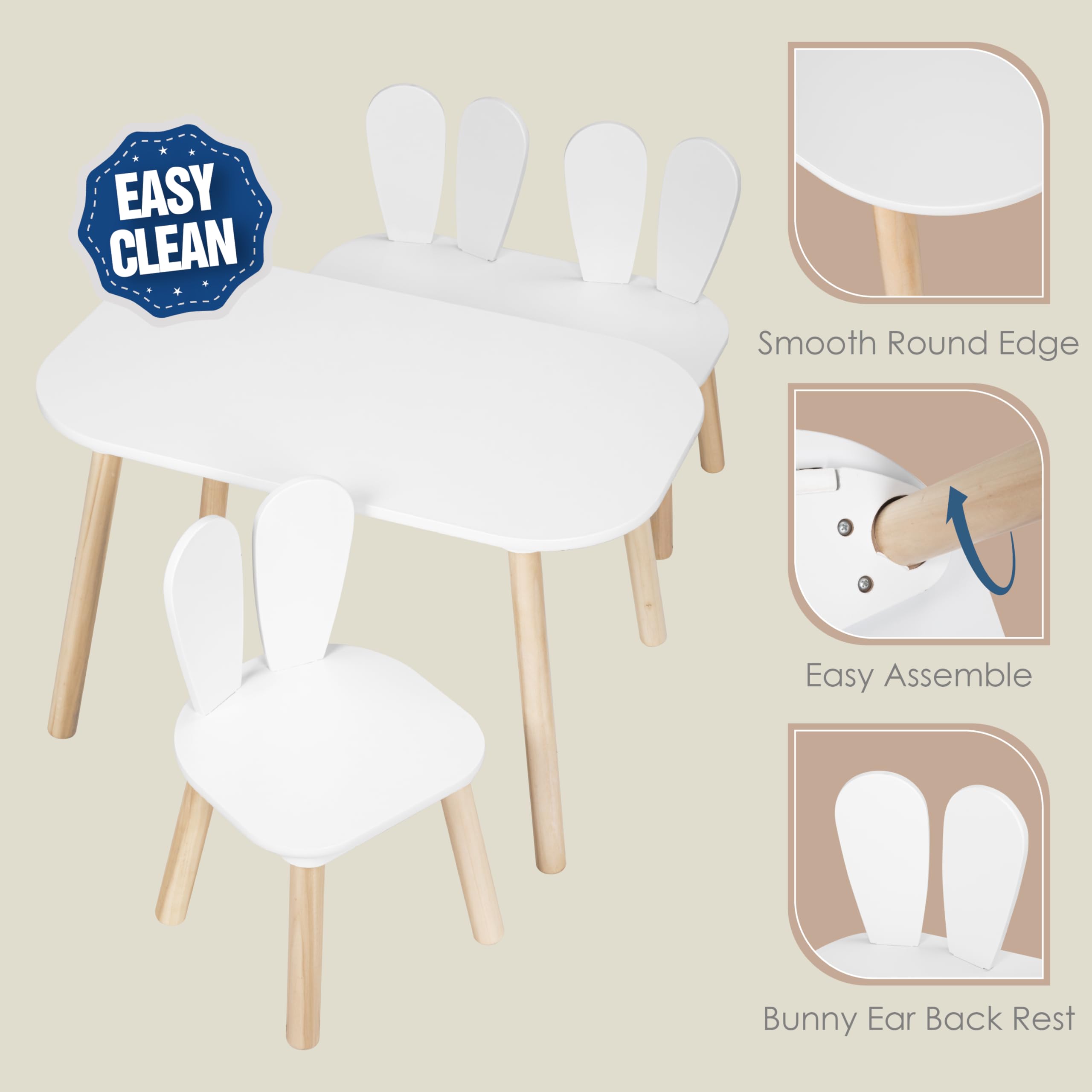 UTEX Kids Table and Chair Set, Toddler Table with Bunny Chair and Bench, 3 Pieces Wooden Children Table for Kids Room, Classroom, Nursery, White - Image 3