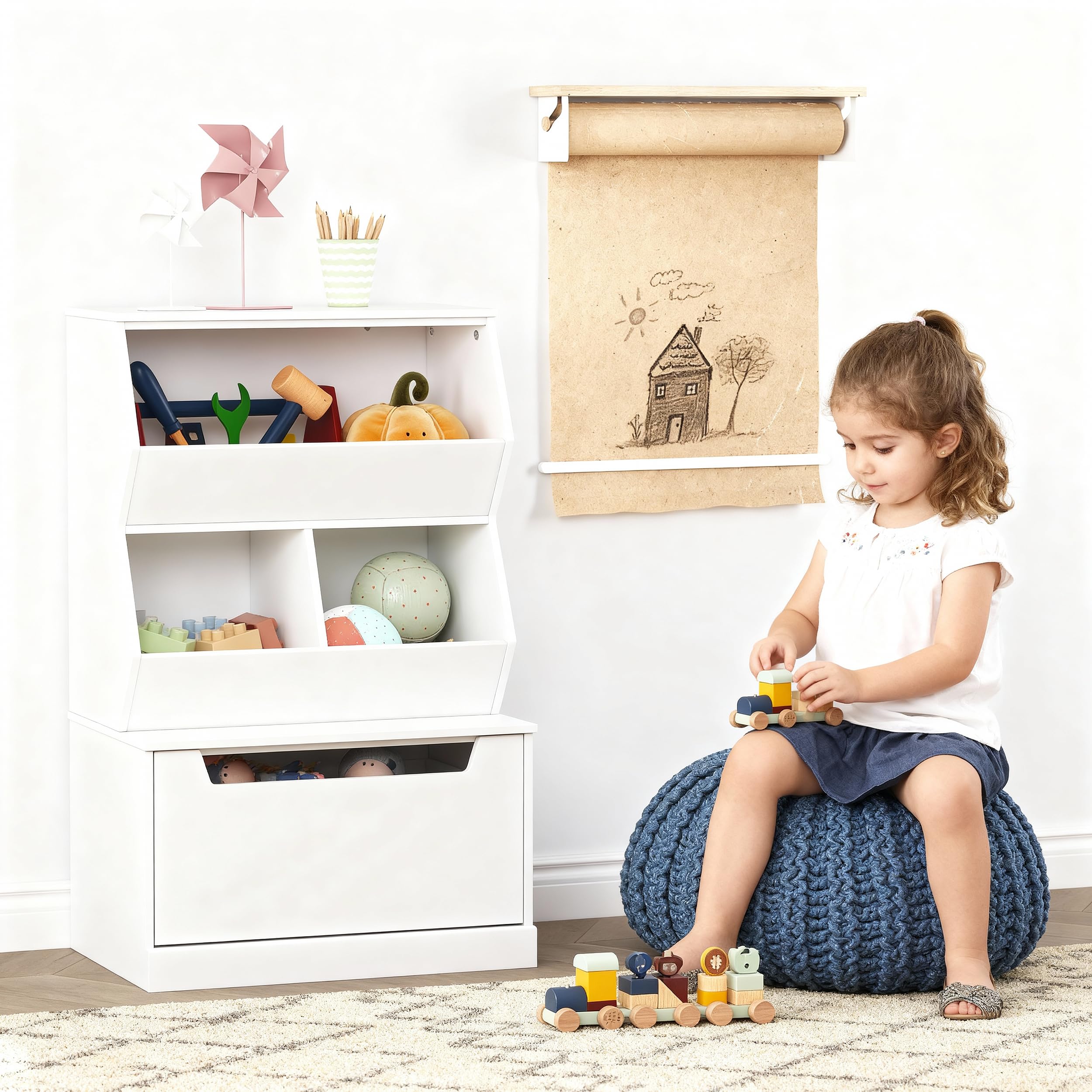 UTEX Kids Toy Storage Organizer, Bookshelf for Kids and Bookcase with Drawer, Children Open Storage Cubby for Playroom Nursery White - Image 4