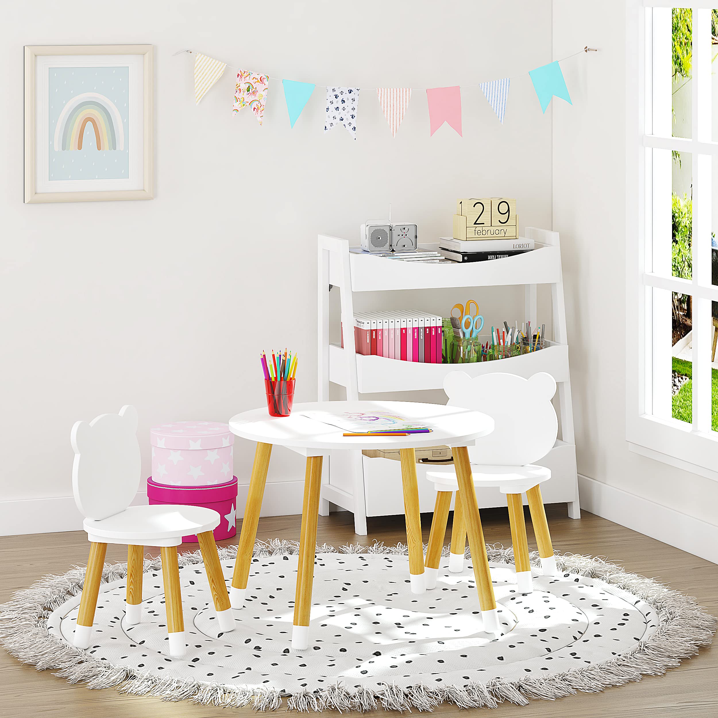 UTEX Kids Wood Table and Chair Set, Kids Play Table with 2 Chairs,3 Pieces Wood Round Table for Toddlers, Girls, Boys,White - Image 5