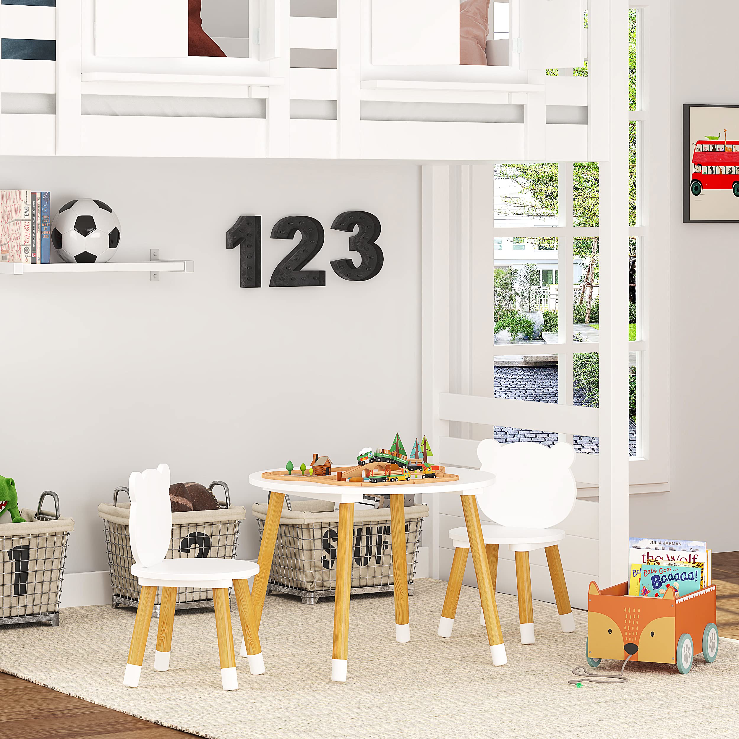 UTEX Kids Wood Table and Chair Set, Kids Play Table with 2 Chairs,3 Pieces Wood Round Table for Toddlers, Girls, Boys,White - Image 6