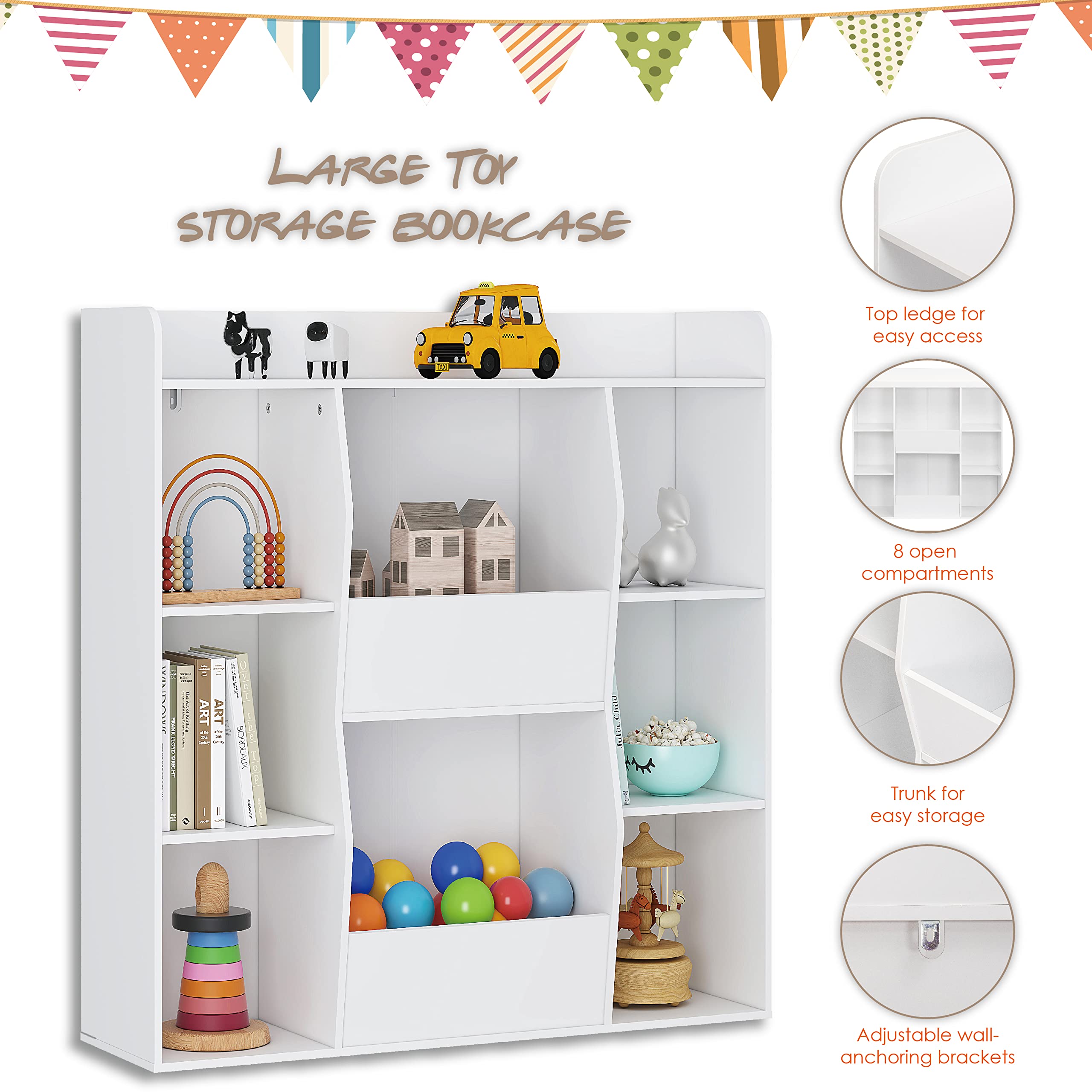 UTEX Multifunctional Bookcase with 8 Cubbies and Bins, Open Bookshelf Organizer Display Stand, Large Toy Storage Cabinet for Kids Room, Classroom, Nursery, White - Image 4