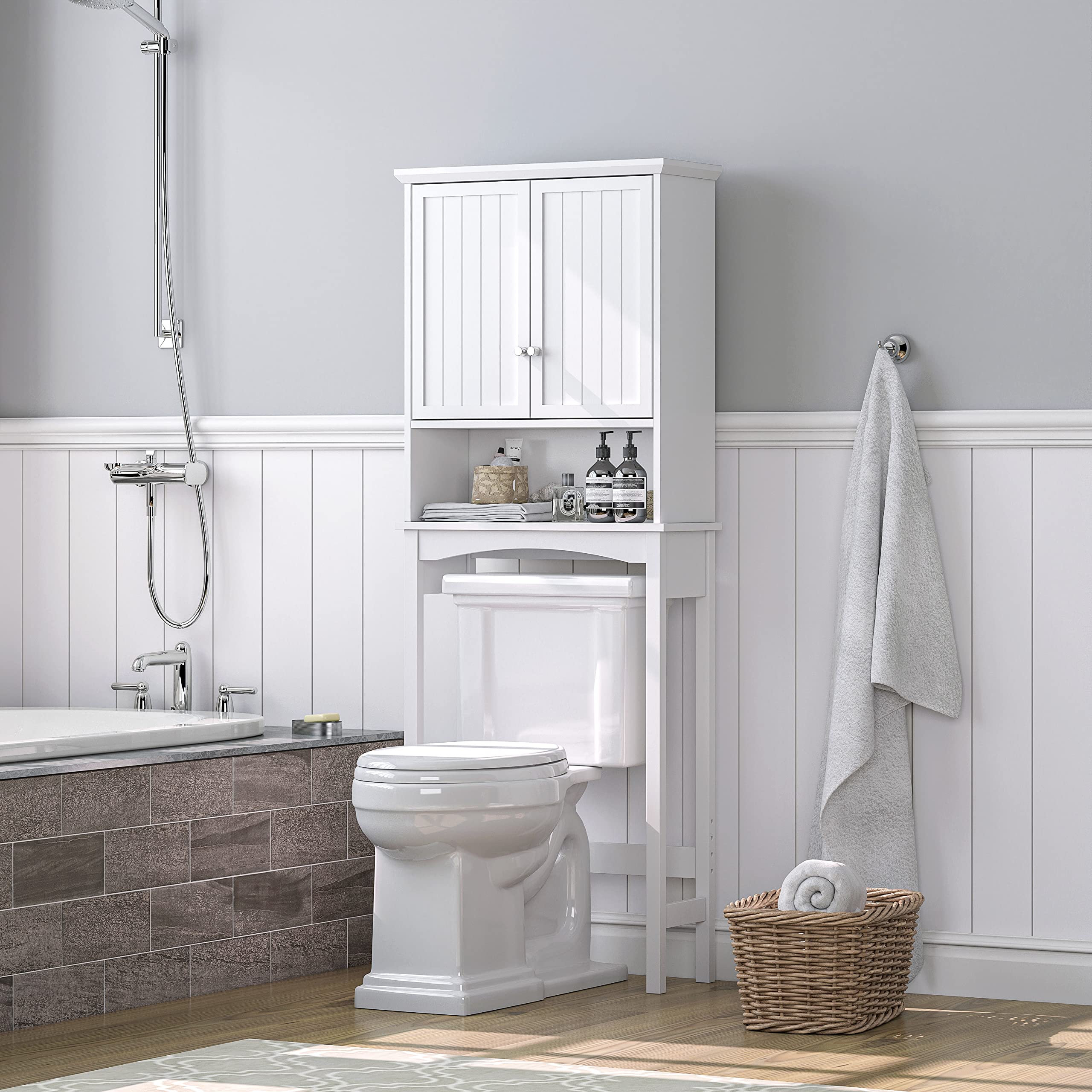 UTEX Over The Toilet Storage Cabinet, Bathroom Above Toilet Cabinet Organizer with Adjustable Shelves, White - Image 4