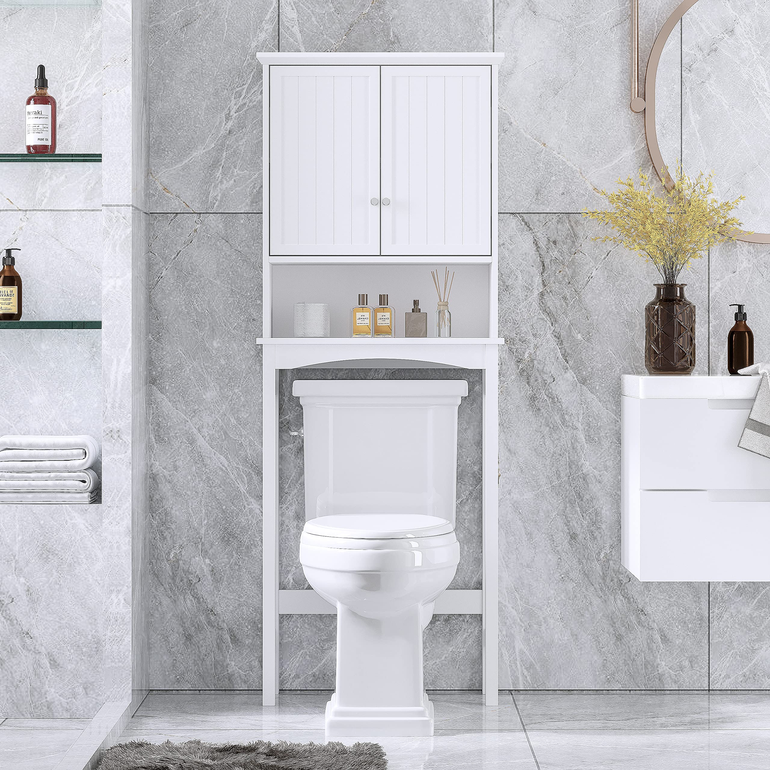 UTEX Over The Toilet Storage Cabinet, Bathroom Above Toilet Cabinet Organizer with Adjustable Shelves, White - Image 5
