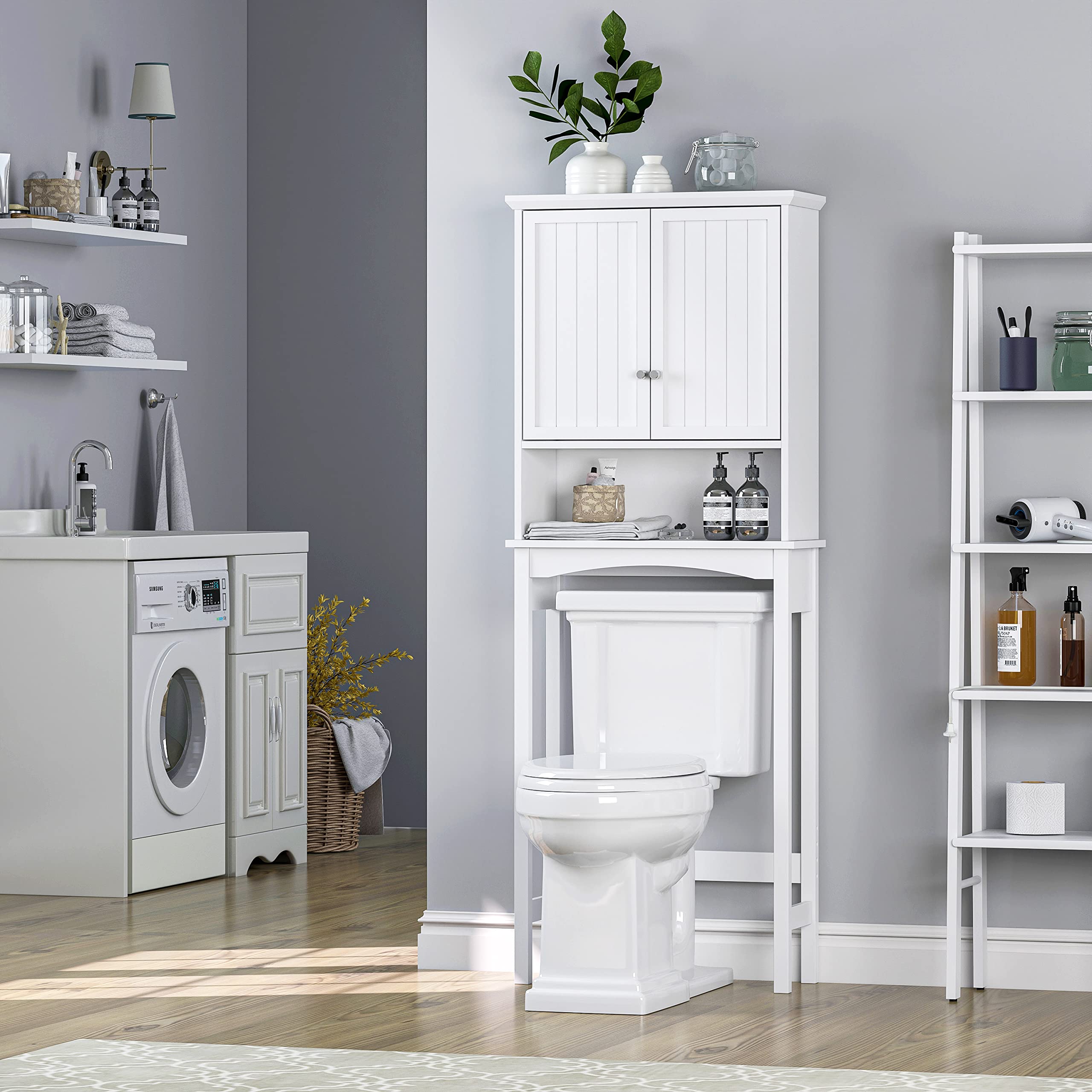 UTEX Over The Toilet Storage Cabinet, Bathroom Above Toilet Cabinet Organizer with Adjustable Shelves, White - Image 6
