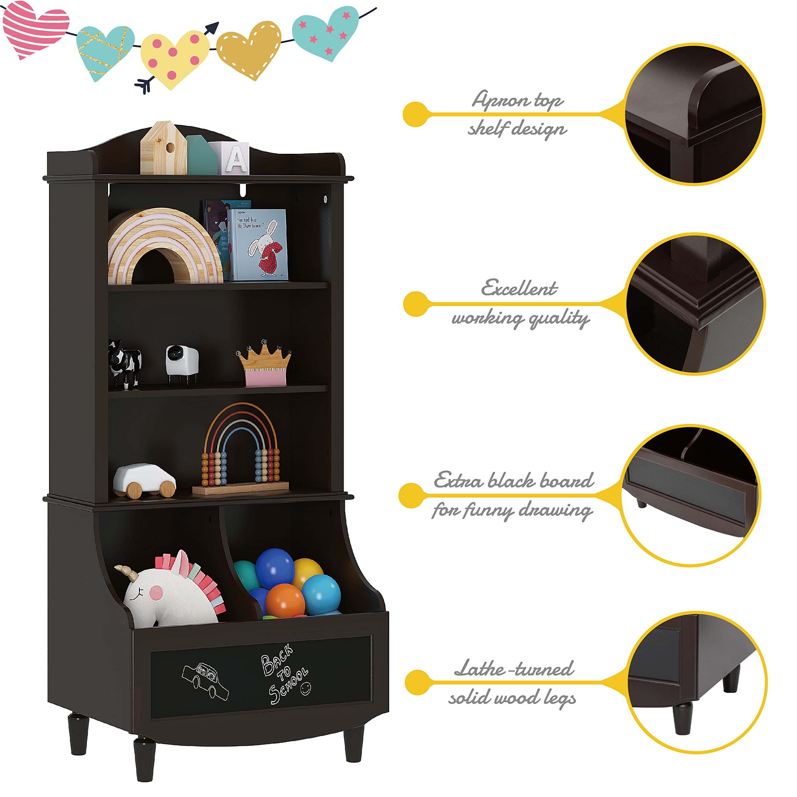 UTEX Toy Storage, Kids Bookshelf and Toy Organizer Cabinet, Kids Bookcase with Blackboard and Cubbies, Open Bookshelves Display Stand for Toddlers, Espresso - Image 4
