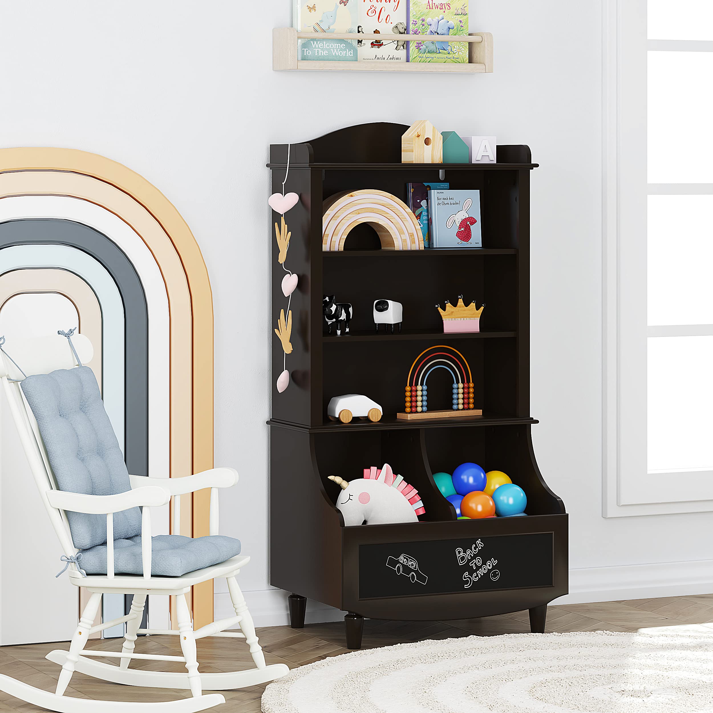 UTEX Toy Storage, Kids Bookshelf and Toy Organizer Cabinet, Kids Bookcase with Blackboard and Cubbies, Open Bookshelves Display Stand for Toddlers, Espresso - Image 5