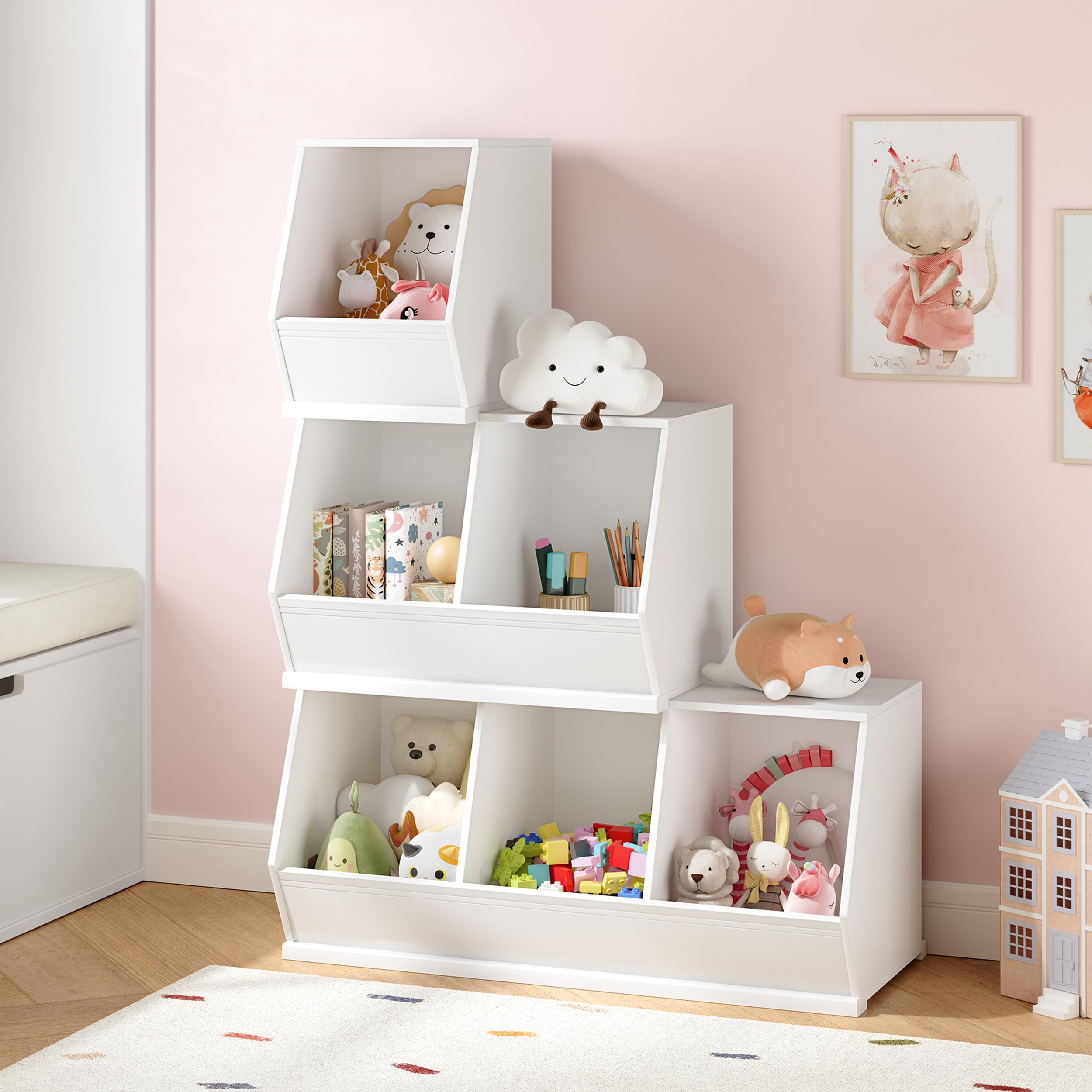 UTEX Toy Storage Organizer for Kids, Stackable Toy Storage Cabinet, Wooden Cubby Toy Organizer, White Toy Shelf for Playroom, Bedroom, Living Room, Nursery, 1 Cubby - Image 6